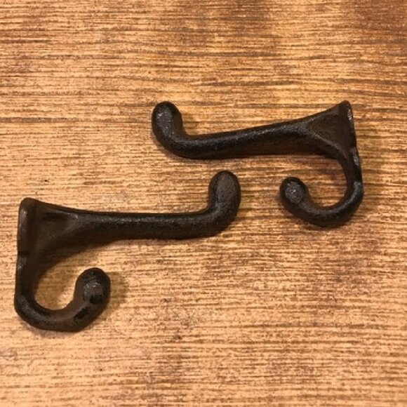 Two (2) Cast Iron Rustic Brown 2 3/4" tall Double Wall Hooks Two (2) 0170-01202 - Picture 2 of 15